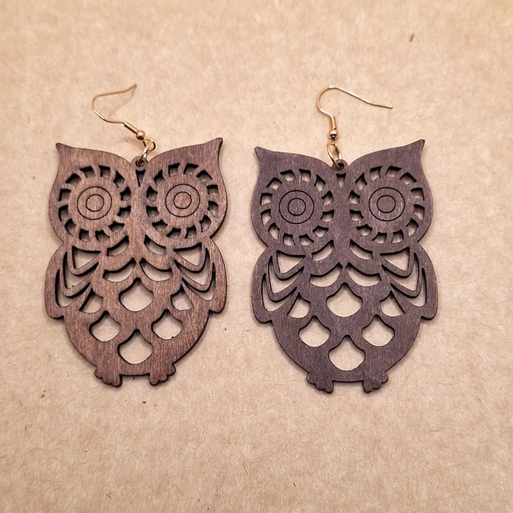 Wood Owl earrings Bohemian nature animal jewelry hoot hoot